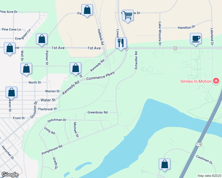 map of restaurants, bars, coffee shops, grocery stores, and more near 260 Scheidler Rd in Chippewa Falls