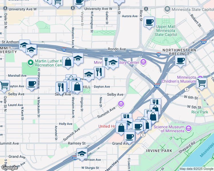 map of restaurants, bars, coffee shops, grocery stores, and more near 265 Dayton Avenue in Saint Paul
