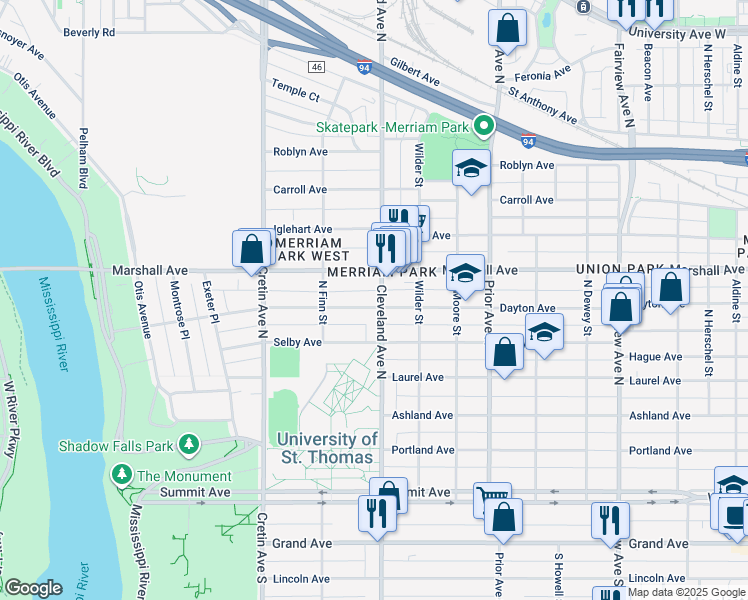 map of restaurants, bars, coffee shops, grocery stores, and more near 201 Cleveland Avenue North in Saint Paul
