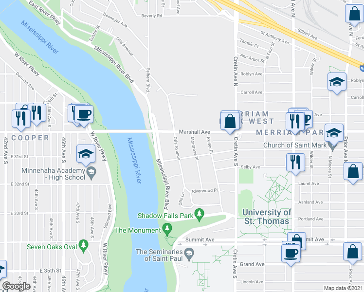 map of restaurants, bars, coffee shops, grocery stores, and more near 203 Montrose Place in Saint Paul