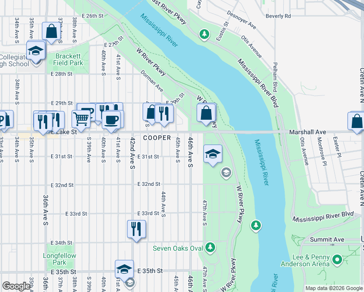 map of restaurants, bars, coffee shops, grocery stores, and more near 3023 45th Avenue South in Minneapolis