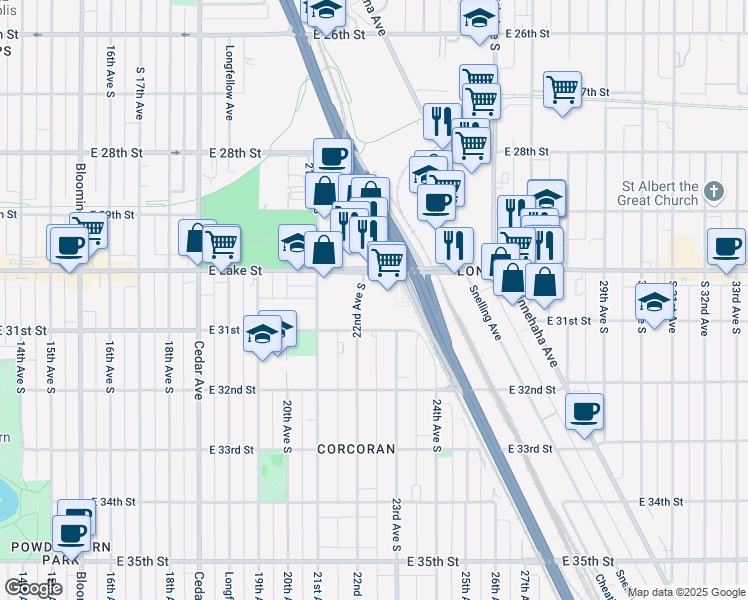 map of restaurants, bars, coffee shops, grocery stores, and more near 3029 22nd Avenue South in Minneapolis