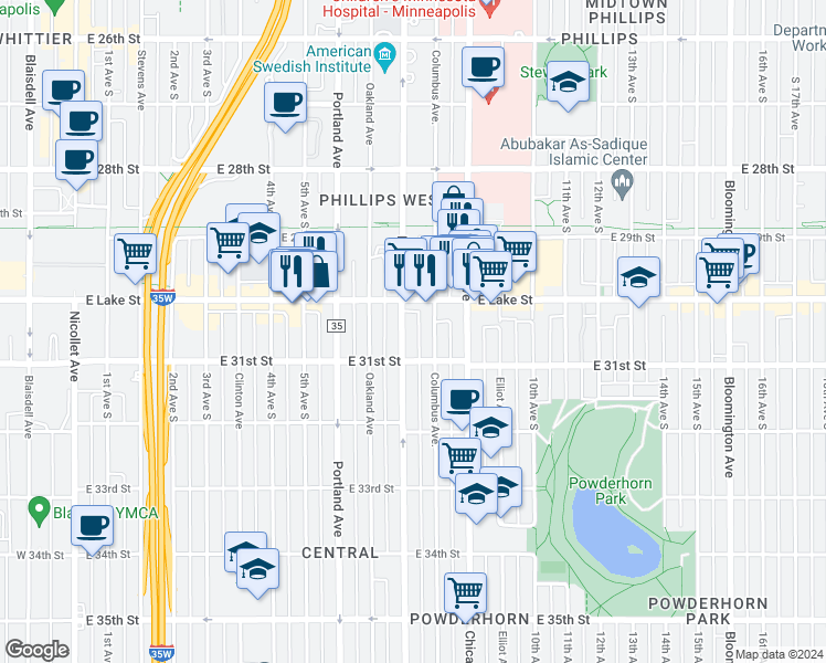 map of restaurants, bars, coffee shops, grocery stores, and more near 3024 Park Avenue in Minneapolis