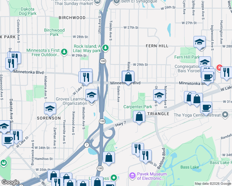 map of restaurants, bars, coffee shops, grocery stores, and more near 3033 Toledo Avenue South in Minneapolis
