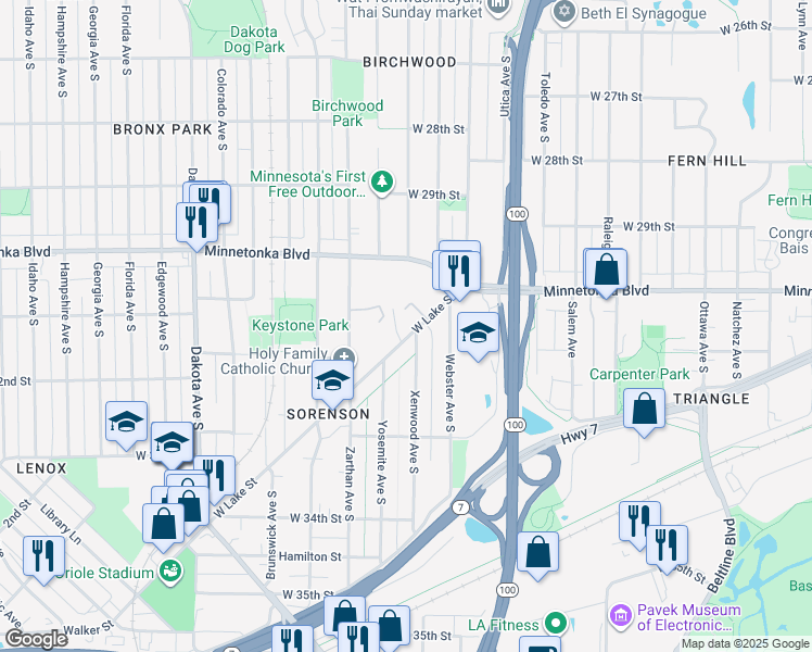 map of restaurants, bars, coffee shops, grocery stores, and more near 5700 West Lake Street in Minneapolis