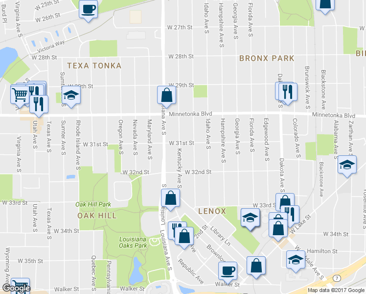 map of restaurants, bars, coffee shops, grocery stores, and more near 3105 Kentucky Avenue South in Minneapolis