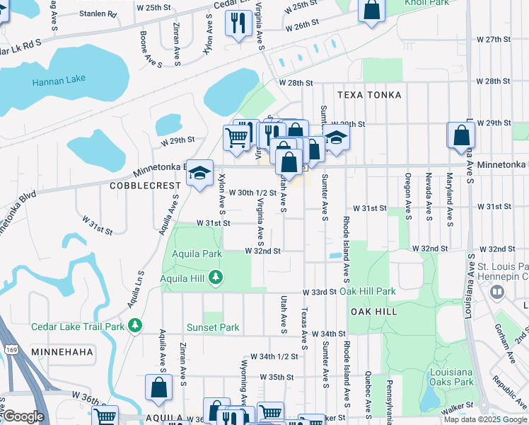 map of restaurants, bars, coffee shops, grocery stores, and more near 3035 Virginia Avenue South in St. Louis Park