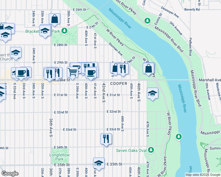 map of restaurants, bars, coffee shops, grocery stores, and more near 3020 43rd Avenue South in Minneapolis