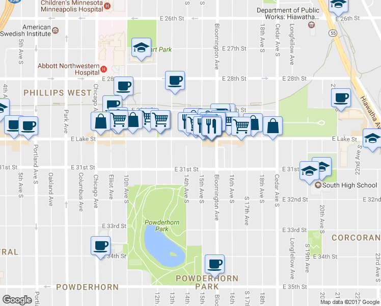 map of restaurants, bars, coffee shops, grocery stores, and more near 3027 14th Ave S in Minneapolis