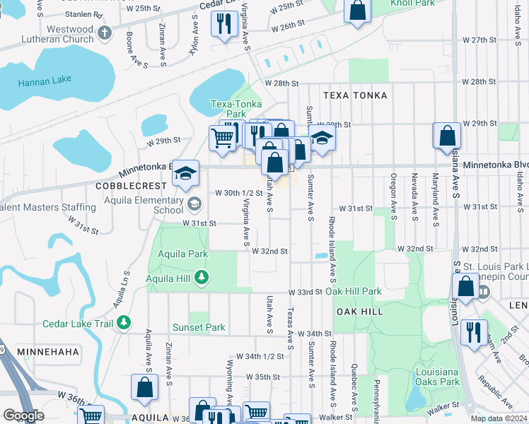 map of restaurants, bars, coffee shops, grocery stores, and more near 3060 Utah Avenue South in Minneapolis