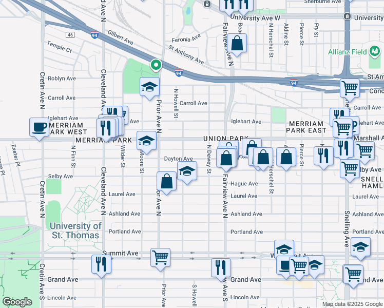 map of restaurants, bars, coffee shops, grocery stores, and more near 1885 Dayton Avenue in Saint Paul