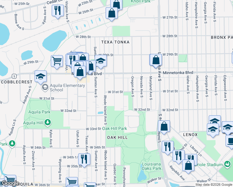 map of restaurants, bars, coffee shops, grocery stores, and more near 3101 Quebec Avenue South in Minneapolis