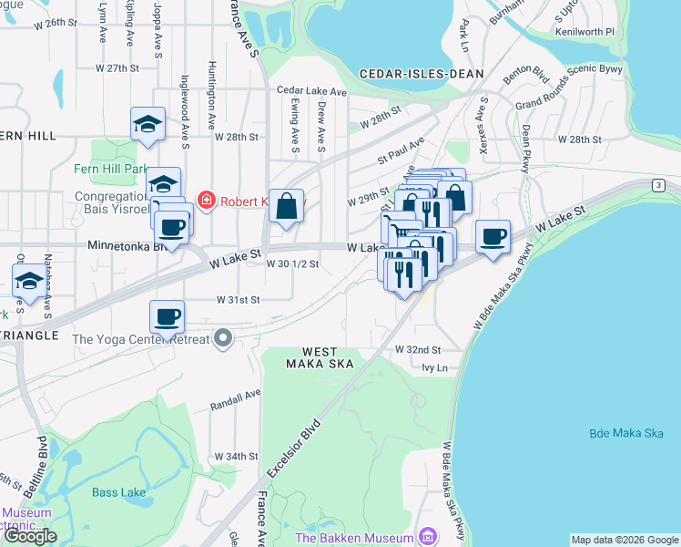 map of restaurants, bars, coffee shops, grocery stores, and more near 3046 Lake Shore Drive in Minneapolis