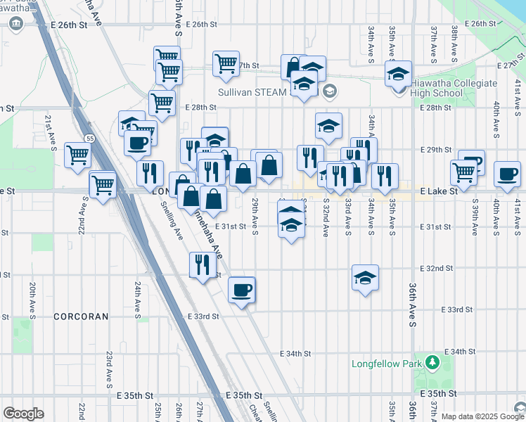 map of restaurants, bars, coffee shops, grocery stores, and more near 3021 29th Ave S in Minneapolis