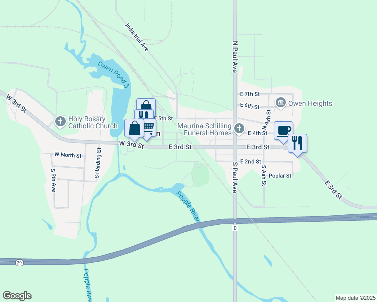 map of restaurants, bars, coffee shops, grocery stores, and more near 331 East 3rd Street in Owen