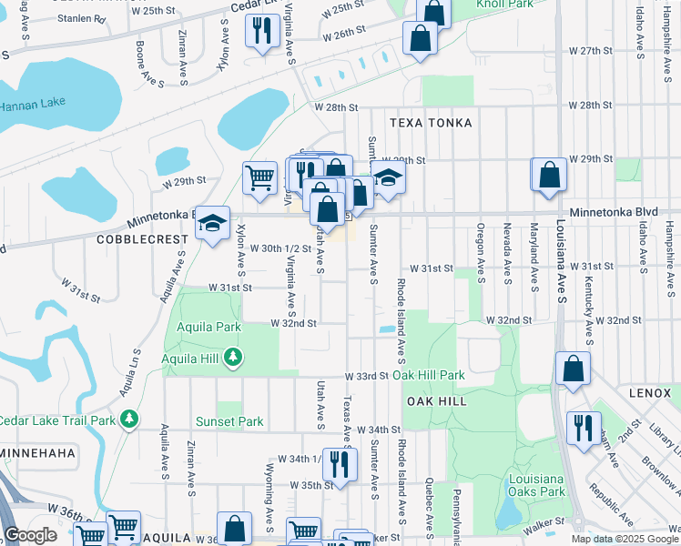 map of restaurants, bars, coffee shops, grocery stores, and more near 3060 Texas Avenue South in Minneapolis