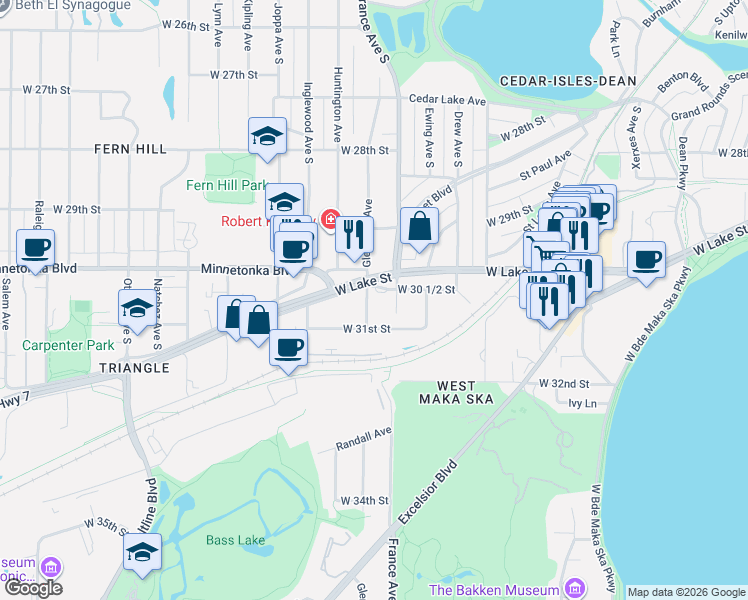 map of restaurants, bars, coffee shops, grocery stores, and more near 3915 Minnesota 7 in Minneapolis