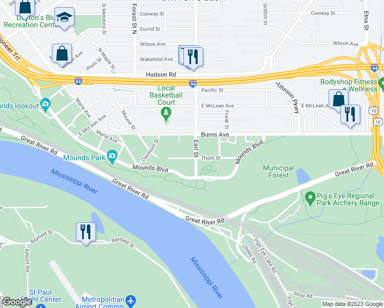 map of restaurants, bars, coffee shops, grocery stores, and more near 203 Earl Street in Saint Paul