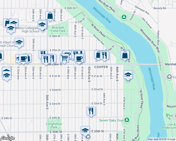 map of restaurants, bars, coffee shops, grocery stores, and more near 3020 42nd Avenue South in Minneapolis