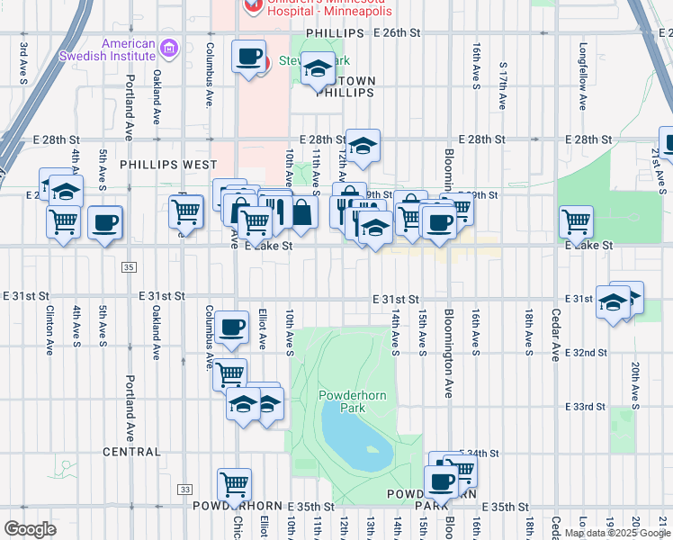 map of restaurants, bars, coffee shops, grocery stores, and more near 3020 12th Avenue South in Minneapolis