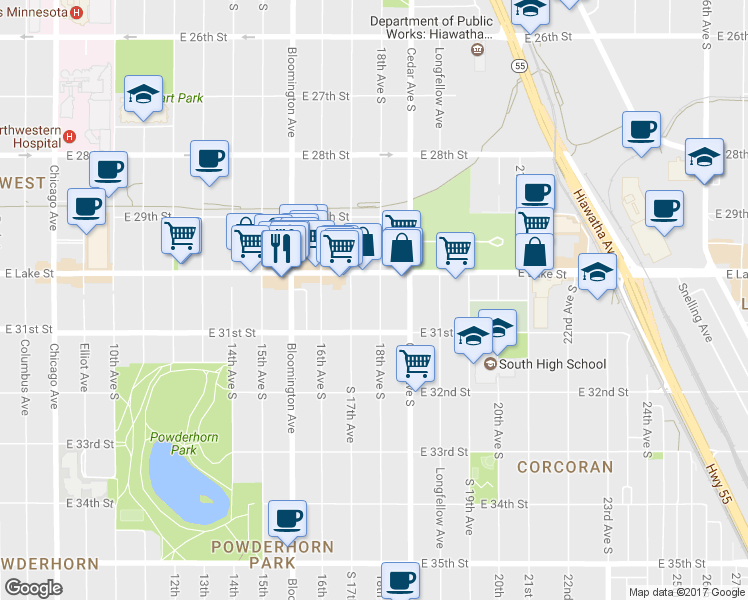 map of restaurants, bars, coffee shops, grocery stores, and more near 3024 18th Avenue South in Minneapolis