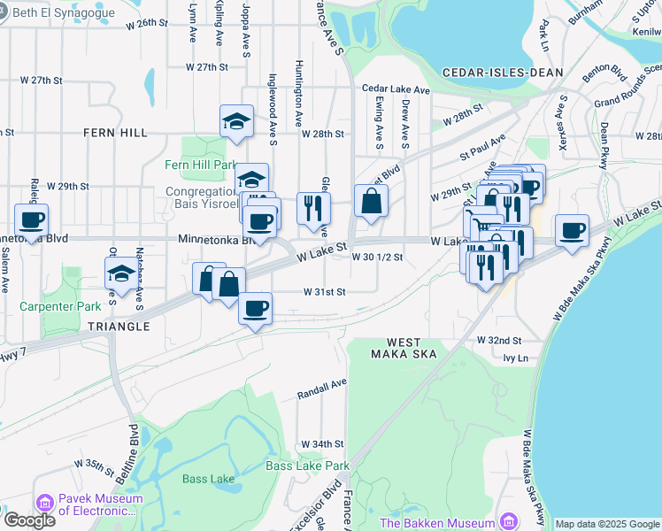map of restaurants, bars, coffee shops, grocery stores, and more near 3915 Minnesota 7 in Minneapolis