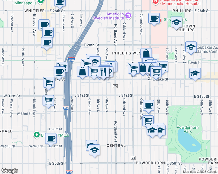 map of restaurants, bars, coffee shops, grocery stores, and more near 3021 South 5th Avenue in Minneapolis