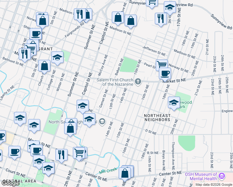 map of restaurants, bars, coffee shops, grocery stores, and more near 1130 13th Street Northeast in Salem