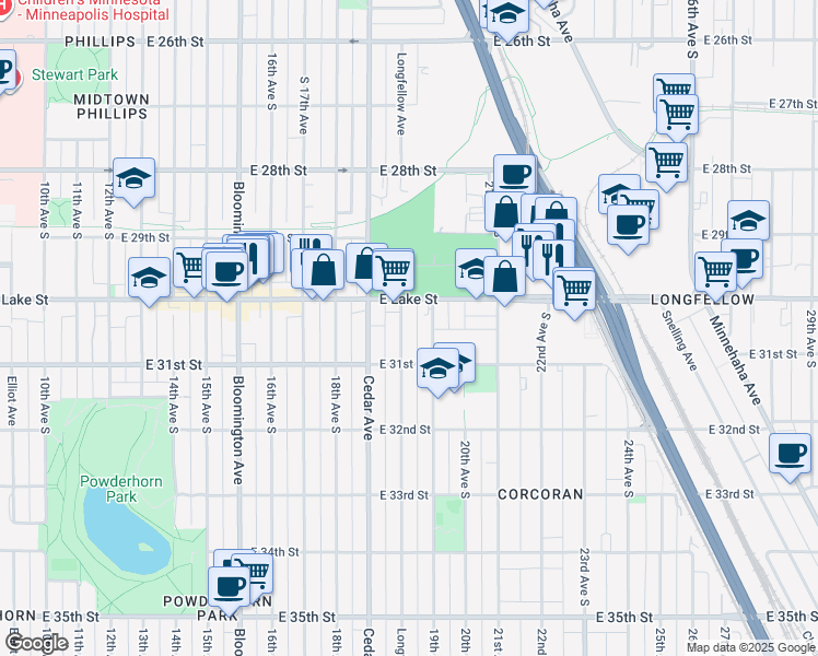 map of restaurants, bars, coffee shops, grocery stores, and more near 3021 Longfellow Avenue in Minneapolis