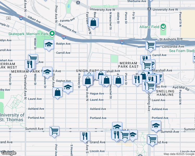 map of restaurants, bars, coffee shops, grocery stores, and more near 1779 Dayton Avenue in Saint Paul