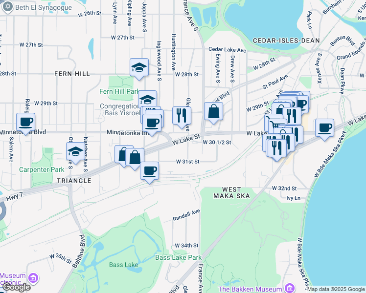 map of restaurants, bars, coffee shops, grocery stores, and more near 4027 County Road 25 in St. Louis Park