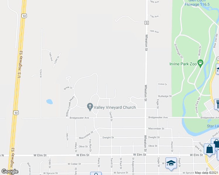 map of restaurants, bars, coffee shops, grocery stores, and more near 1737 Brickyard Lane in Chippewa Falls