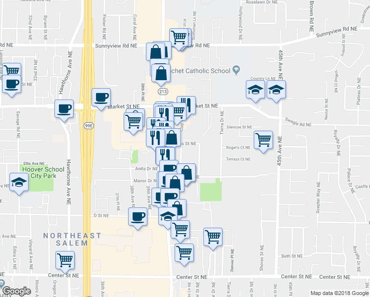 map of restaurants, bars, coffee shops, grocery stores, and more near 1494 Clay Street Northeast in Salem
