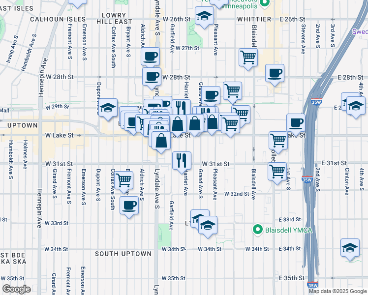 map of restaurants, bars, coffee shops, grocery stores, and more near 3023 Harriet Avenue in Minneapolis