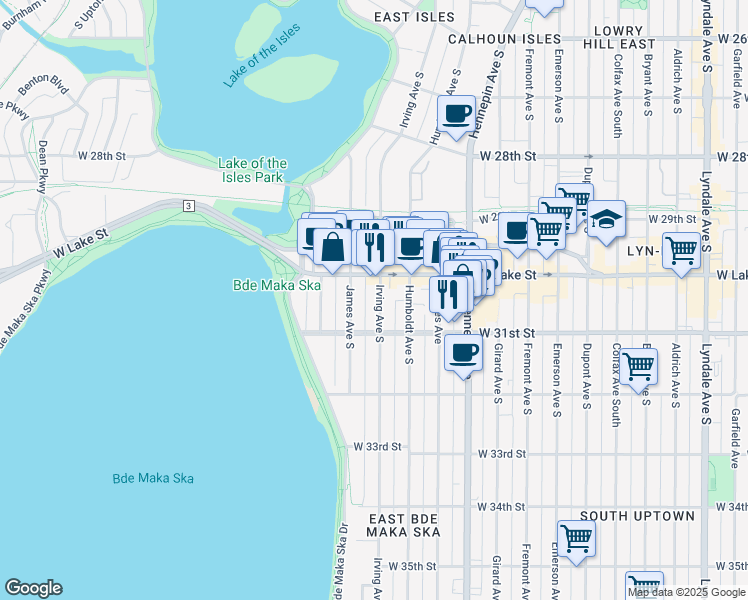 map of restaurants, bars, coffee shops, grocery stores, and more near 3020 Irving Avenue South in Minneapolis