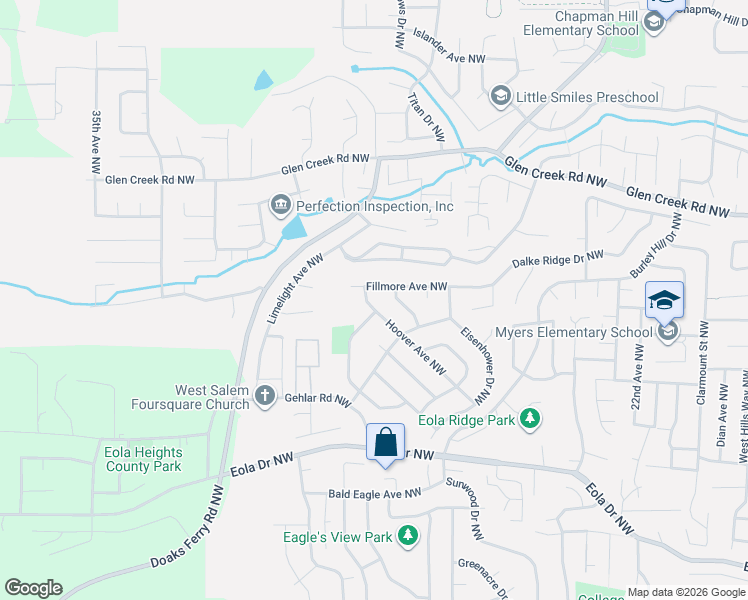 map of restaurants, bars, coffee shops, grocery stores, and more near 2840 Hoover Avenue Northwest in Salem