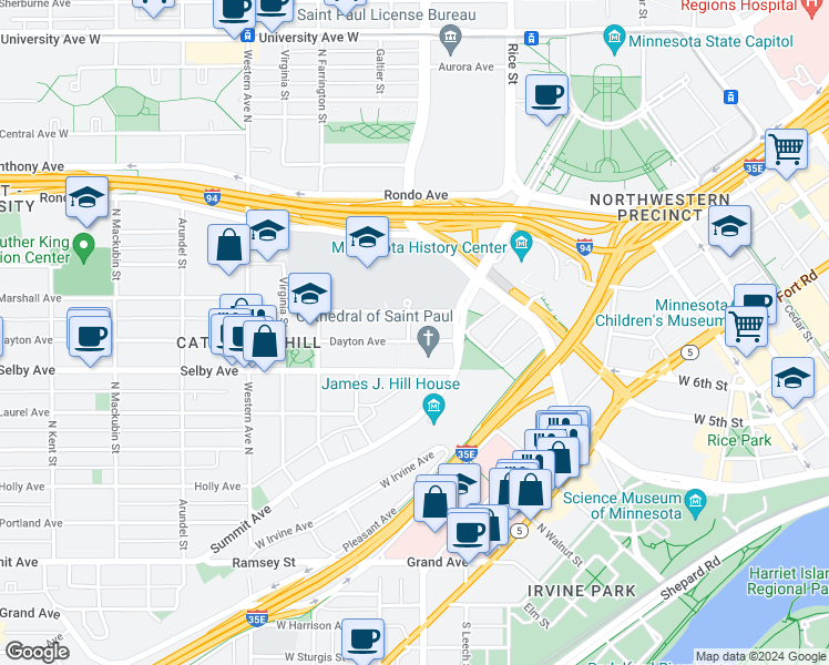map of restaurants, bars, coffee shops, grocery stores, and more near 231 Dayton Avenue in Saint Paul