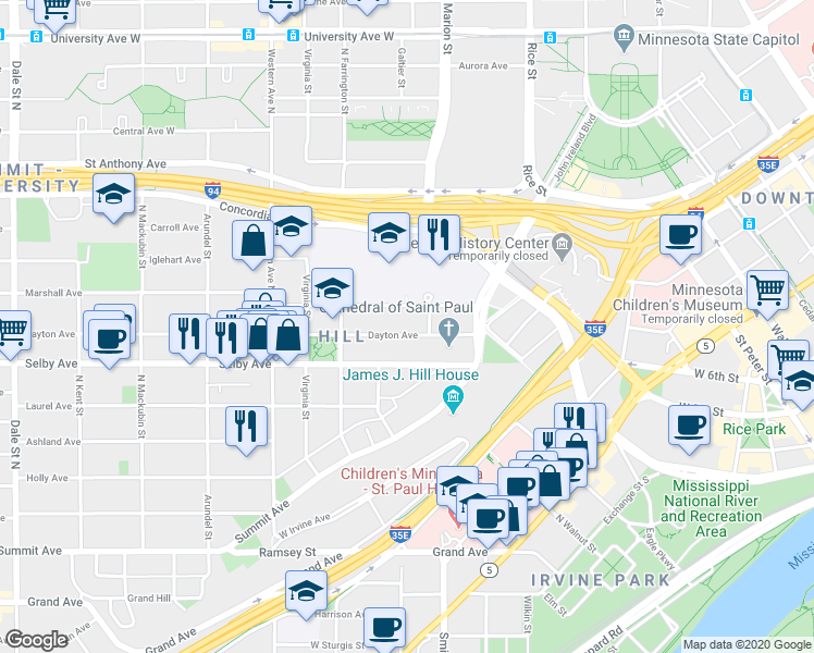 map of restaurants, bars, coffee shops, grocery stores, and more near 265 Dayton Avenue in Saint Paul