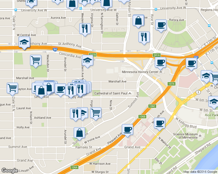 map of restaurants, bars, coffee shops, grocery stores, and more near 301 Dayton Avenue in Saint Paul
