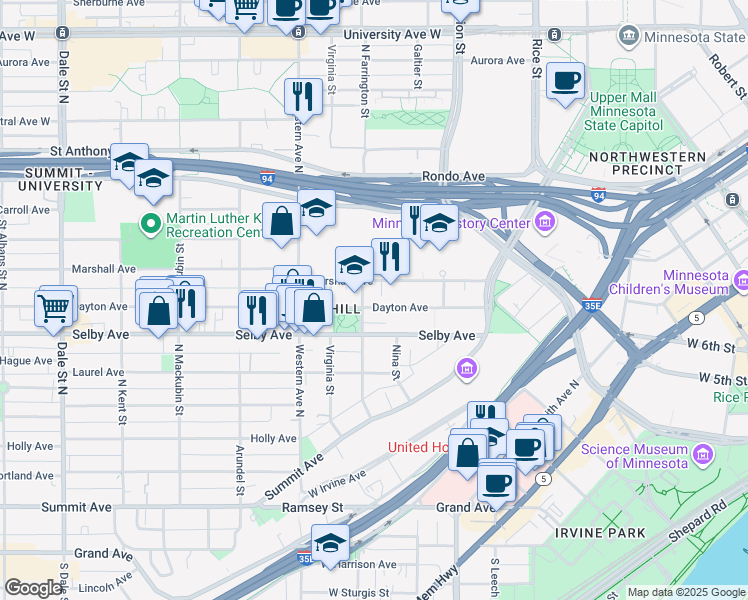 map of restaurants, bars, coffee shops, grocery stores, and more near 301 Dayton Avenue in Saint Paul