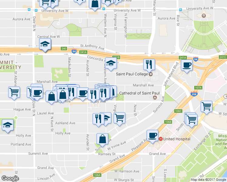 map of restaurants, bars, coffee shops, grocery stores, and more near 377 Dayton Avenue in Saint Paul