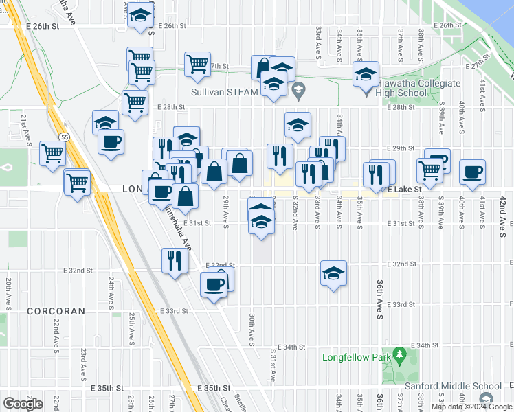 map of restaurants, bars, coffee shops, grocery stores, and more near 3025 30th Avenue South in Minneapolis