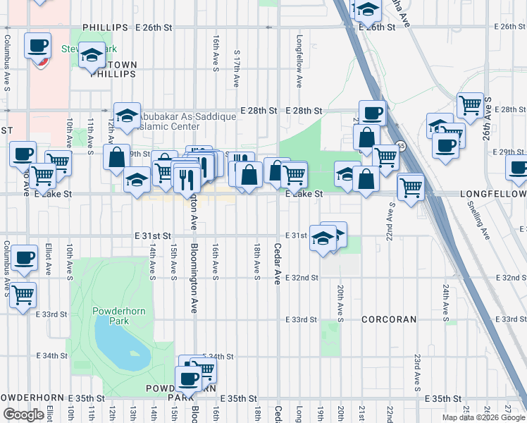 map of restaurants, bars, coffee shops, grocery stores, and more near 3028 18th Avenue South in Minneapolis