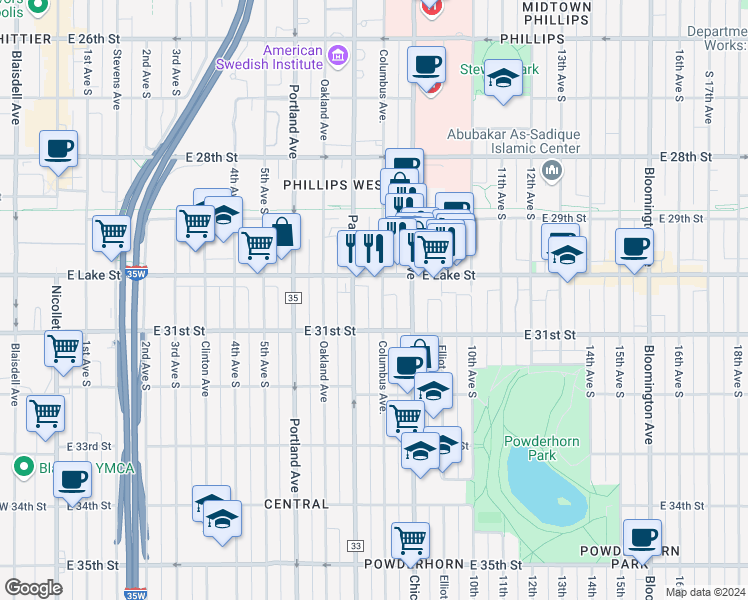 map of restaurants, bars, coffee shops, grocery stores, and more near 3030 Columbus Avenue in Minneapolis