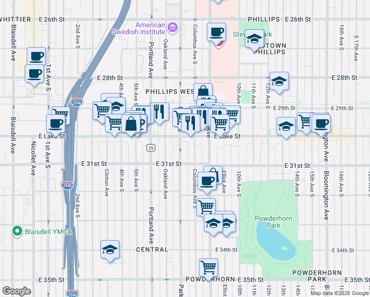 map of restaurants, bars, coffee shops, grocery stores, and more near 3024 Park Avenue in Minneapolis