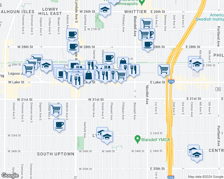 map of restaurants, bars, coffee shops, grocery stores, and more near 3024 Pleasant Avenue in Minneapolis