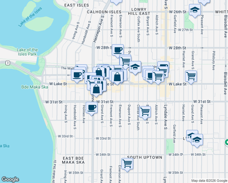 map of restaurants, bars, coffee shops, grocery stores, and more near 3021 Fremont Avenue South in Minneapolis