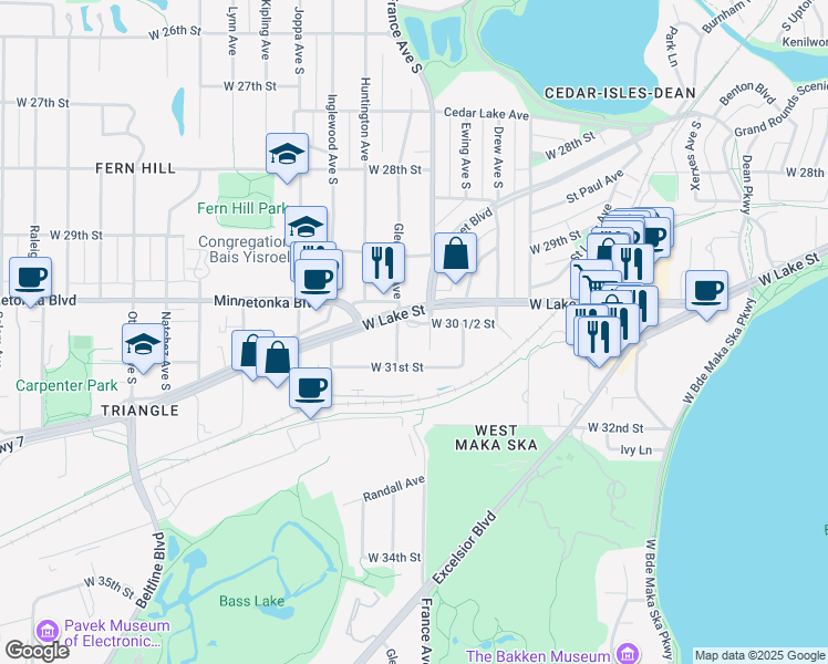 map of restaurants, bars, coffee shops, grocery stores, and more near 3915 Minnesota 7 in Minneapolis