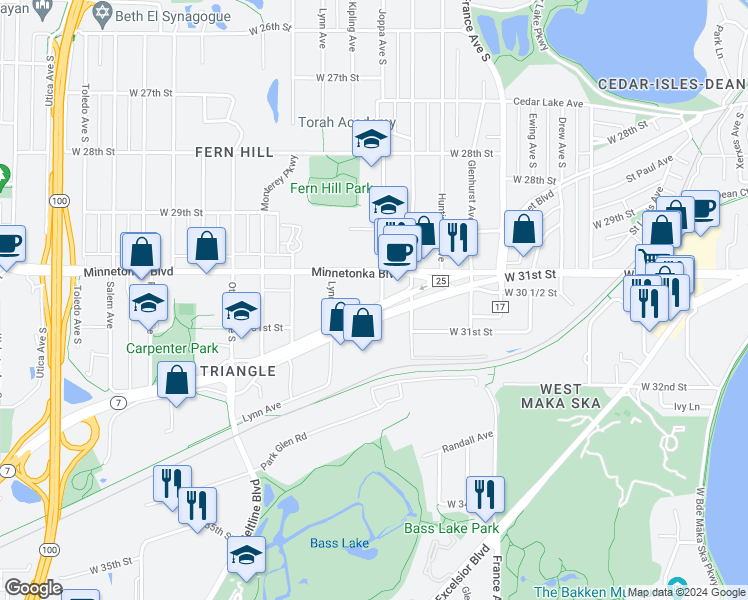 map of restaurants, bars, coffee shops, grocery stores, and more near 4310 Minnesota 7 Service Road in St. Louis Park