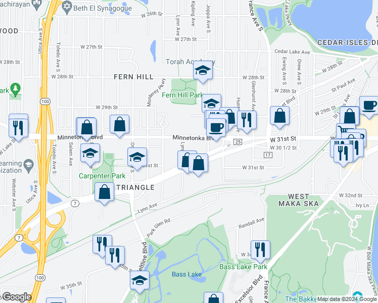 map of restaurants, bars, coffee shops, grocery stores, and more near 3023 Lynn Avenue in Minneapolis
